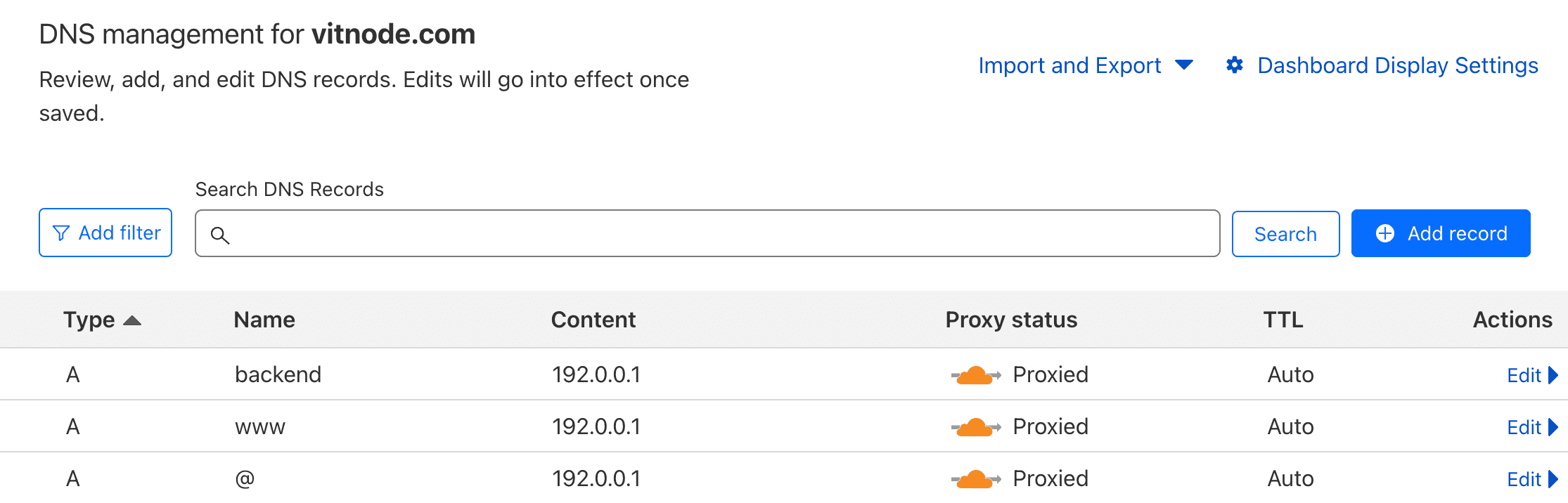 DNS Records without subdomain for frontend in CloudFlare